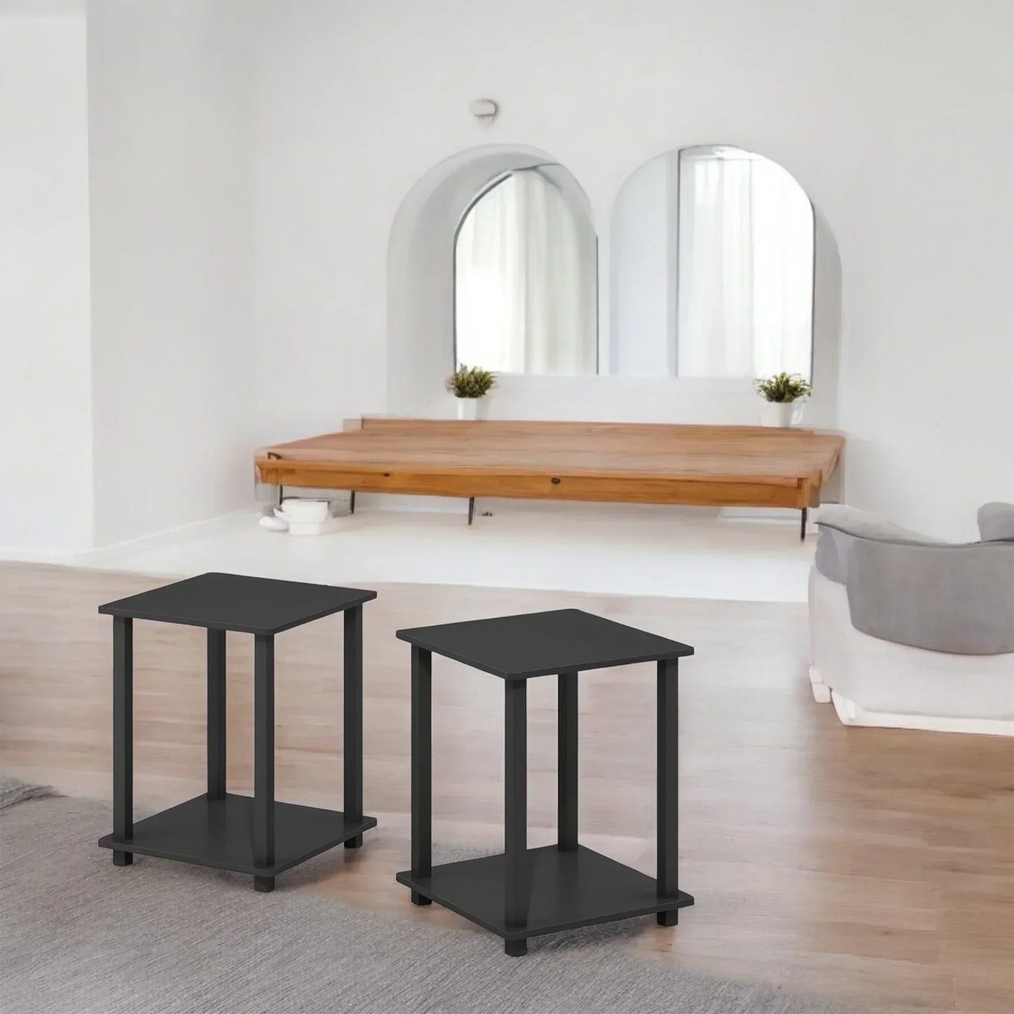 Black Side Table with Woven Basket Storage – Modern Minimalist Style