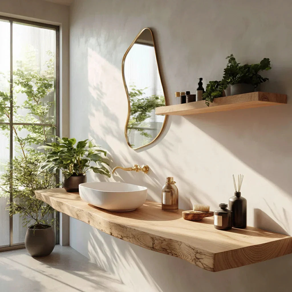 Farmhouse Solid Wood Live Edge Bathroom Vanity with Floating Shelf - Rustira
