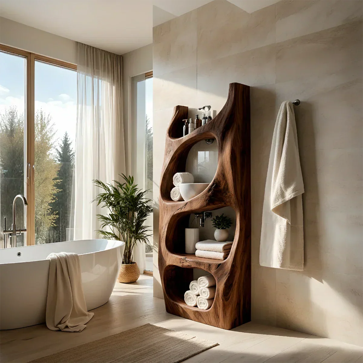 Organic Live Edge Solid Wood Bathroom Shelf Tower – Sculptural Storage - Rustira