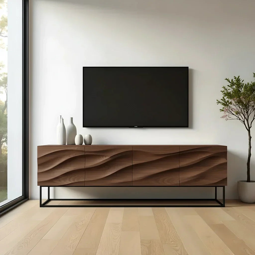 Wave-Carved Scandinavian Solid Wood TV Console – Natural Oak Finish - Rustira