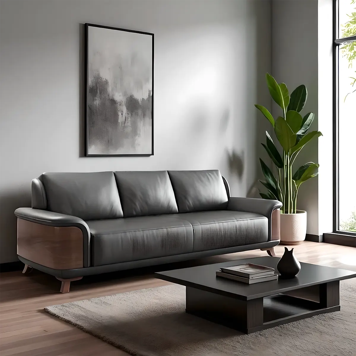 Ash Wood Sofa Covered With High-Quality Black Leather - Modern Luxurious Design 