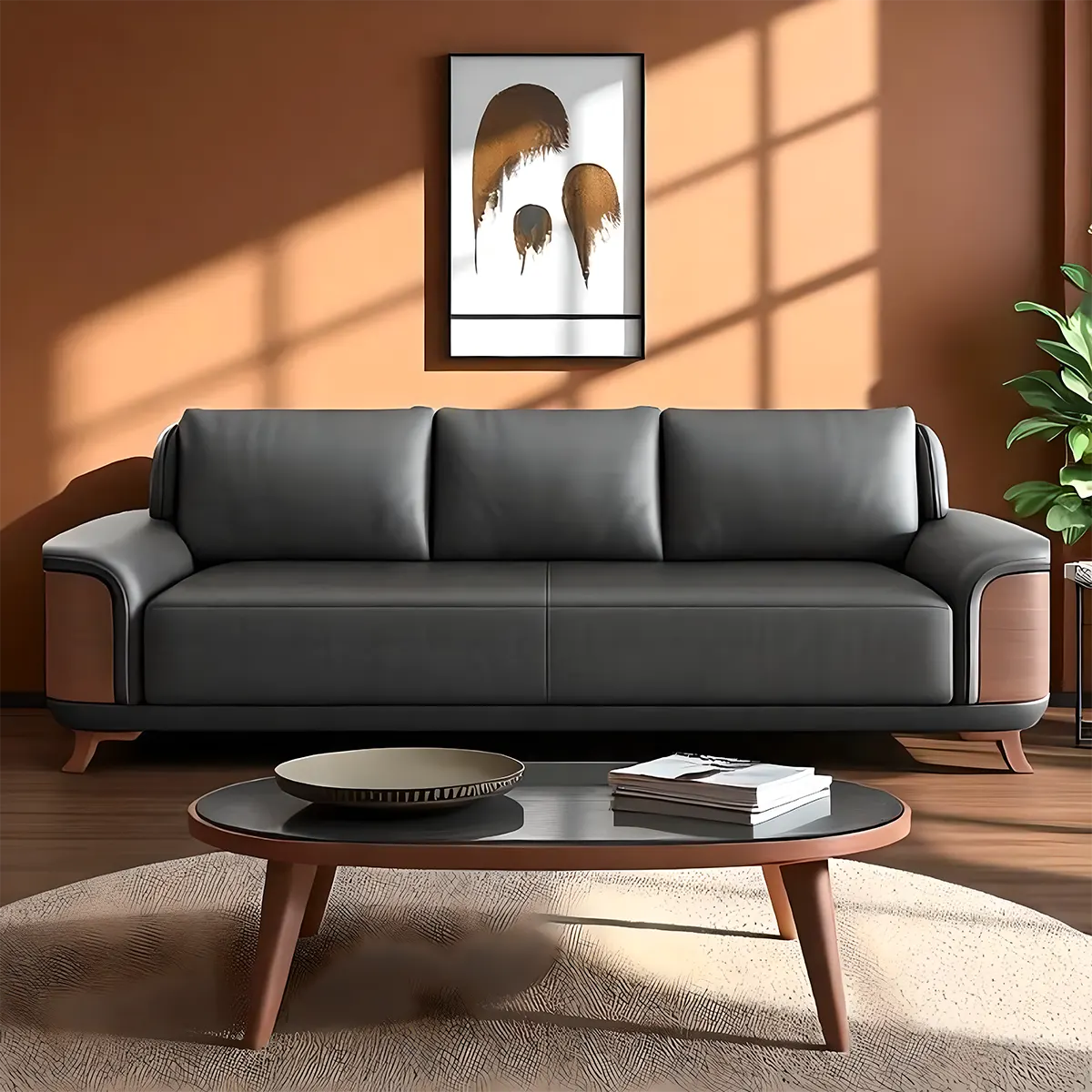 Ash Wood Sofa Covered With High-Quality Black Leather - Modern Luxurious Design 
