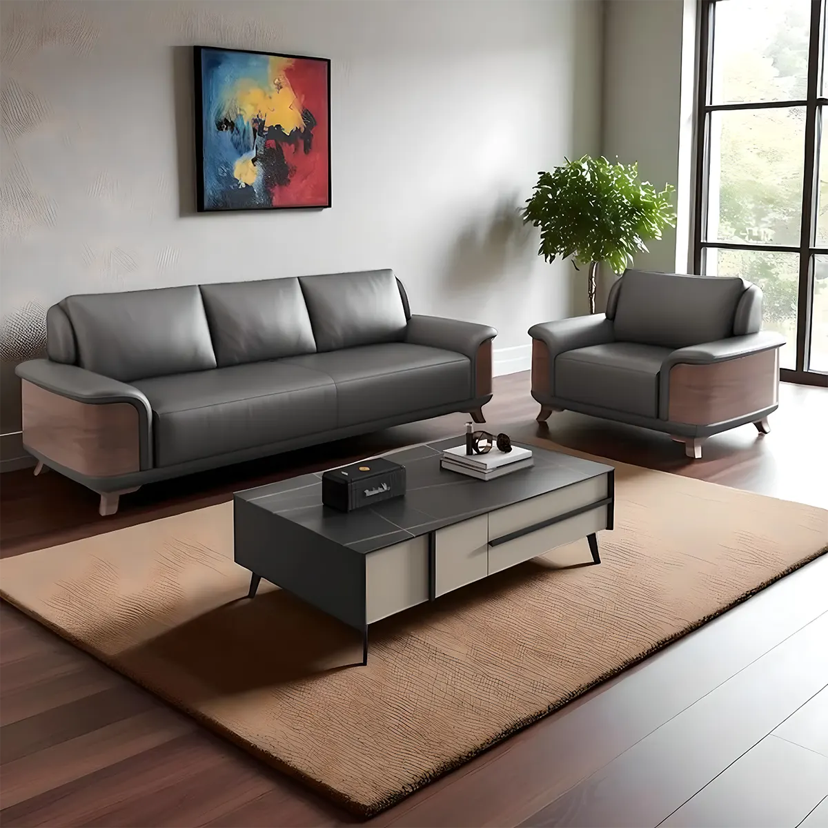 Ash Wood Sofa Covered With High-Quality Black Leather - Modern Luxurious Design 