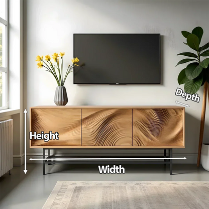 Contemporary Wave-Carved Solid Wood TV Console – Light Oak Minimalist Design - Rustira