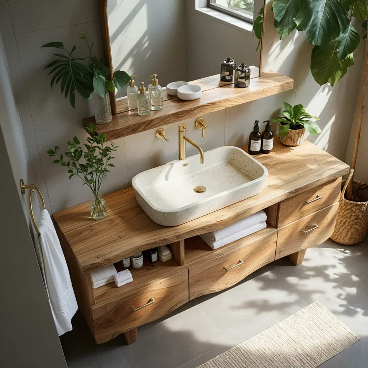 Curved Solid Wood Vanity with Legs – Japandi Spa Bathroom Console - Rustira