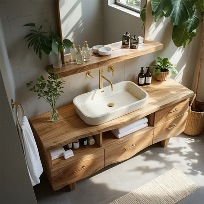Curved Solid Wood Vanity with Legs – Japandi Spa Bathroom Console - Rustira