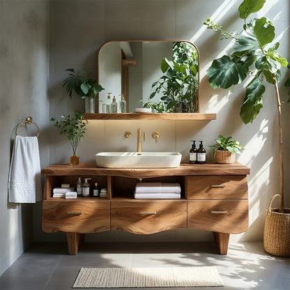 Curved Solid Wood Vanity with Legs – Japandi Spa Bathroom Console - Rustira