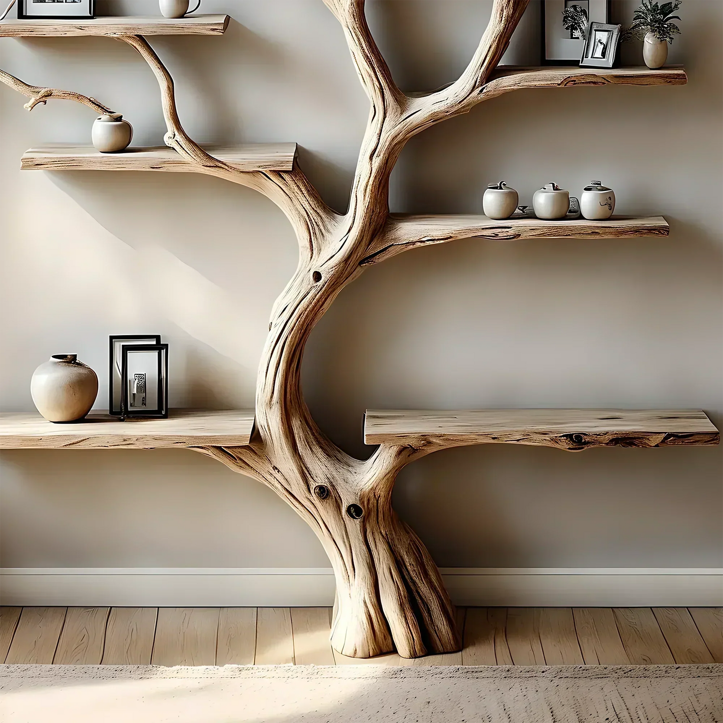 Decorative bookshelf, tree branch floor, wall-mounted, solid wood interior, home decoration, gift 