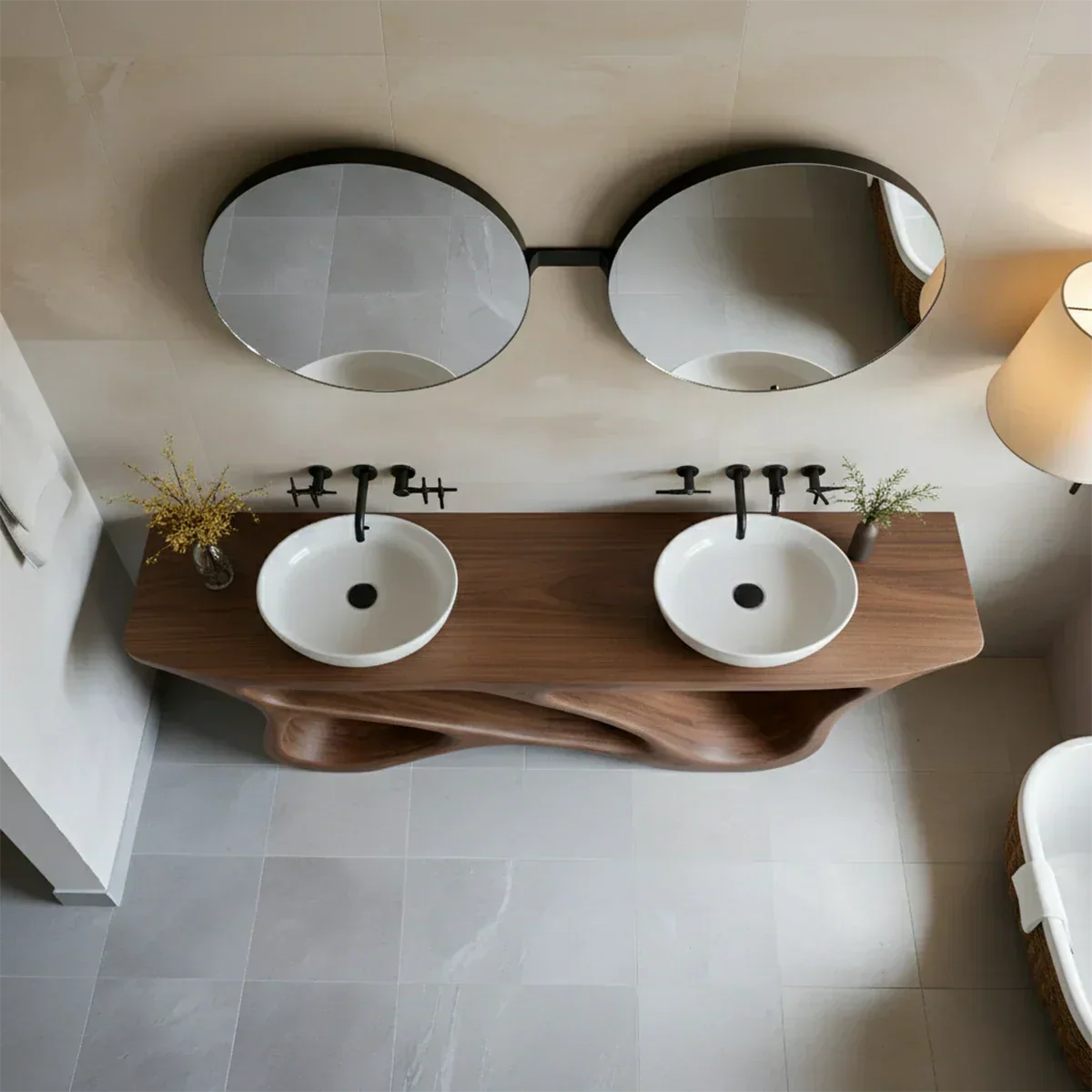 Double Sink Solid Walnut Vanity with Sculptural Flow Design - Rustira