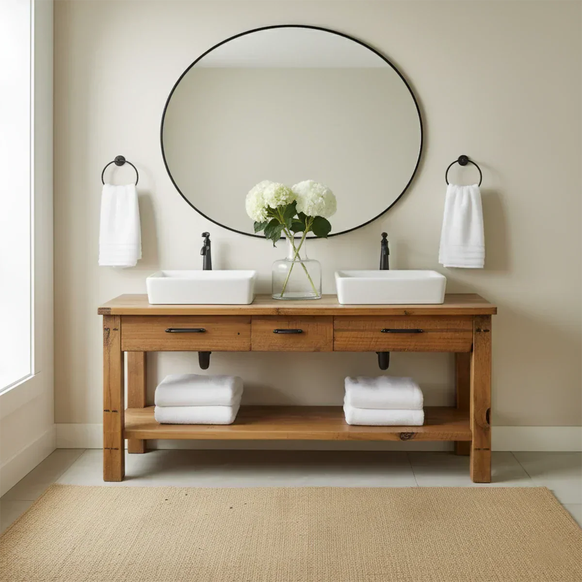 Double Sink Solid Wood Bathroom Vanity – Rustic Farmhouse Handcrafted Cabinet - Rustira