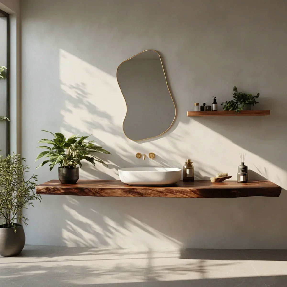Farmhouse Solid Wood Live Edge Bathroom Vanity with Floating Shelf - Rustira