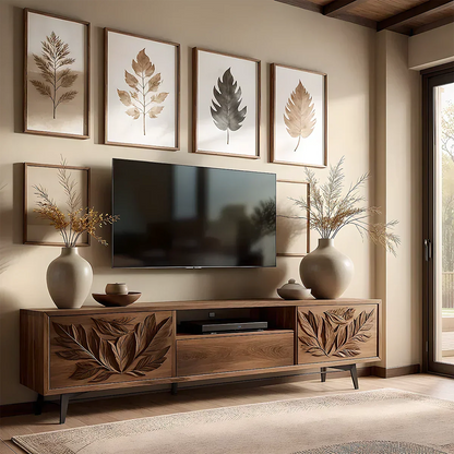 Hand-Carved Leaf Solid Wood TV Stand – Botanical Media Console - Rustira