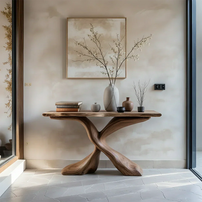 Hand-Carved X-Base Solid Wood Console Table — Organic Modern Art Furniture - Rustira