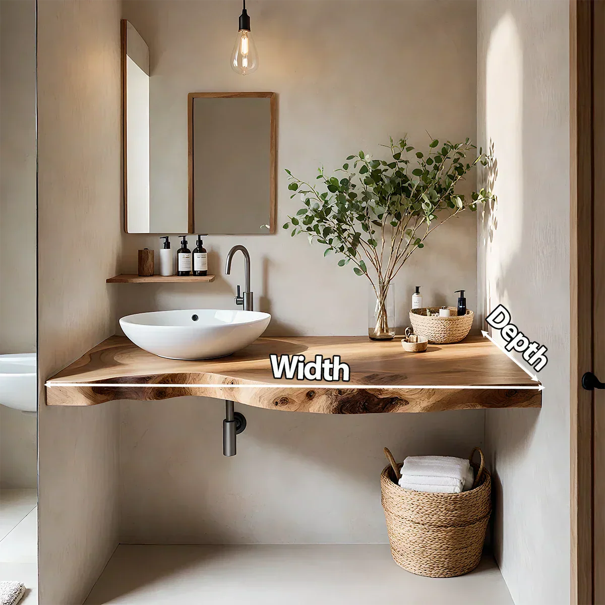 Live Edge Floating Wood Bathroom Vanity Countertop – Minimal Organic Design - Rustira