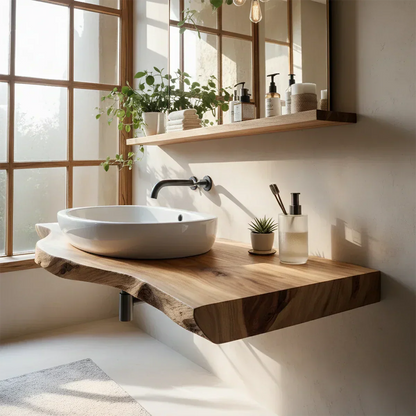 Live Edge Floating Wood Bathroom Vanity Shelf – Natural Solid Wood - Rustira
