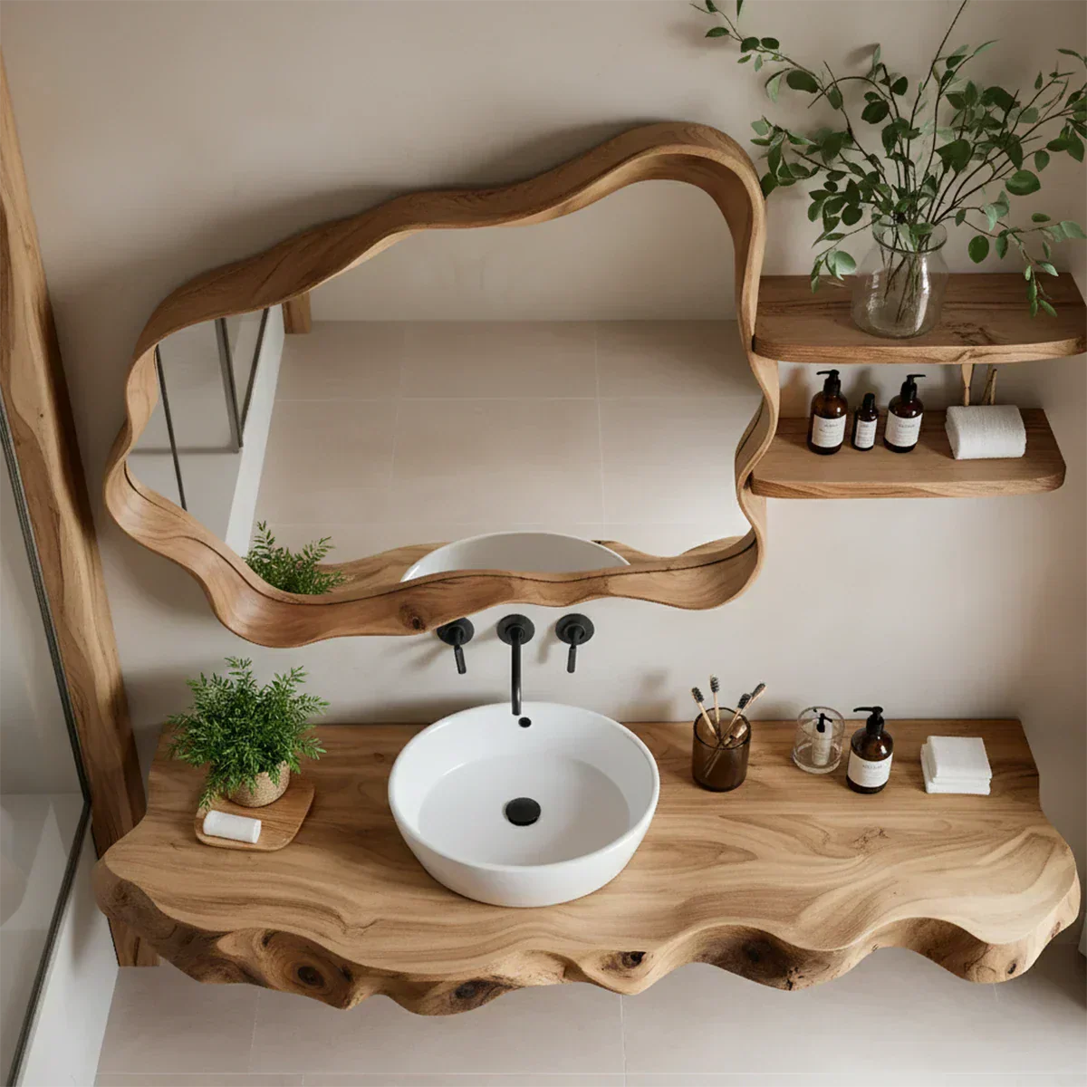 Live Edge Floating Wood Bathroom Vanity with Organic Mirror Frame - Rustira