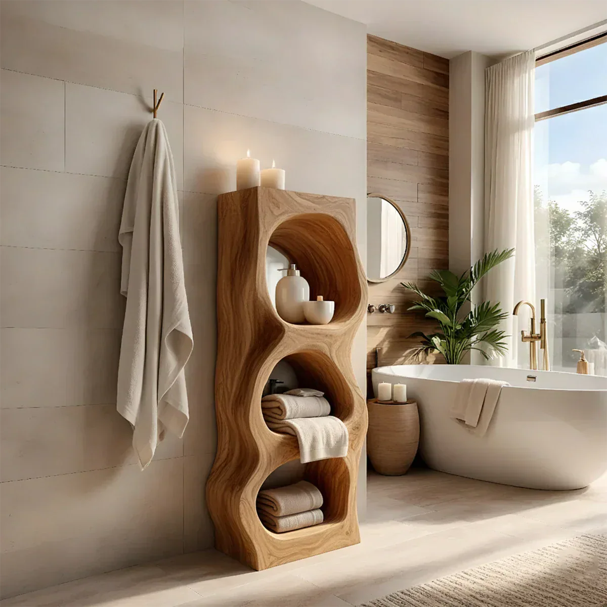 Live Edge Solid Wood Bathroom Storage Tower – Organic Carved Design - Rustira