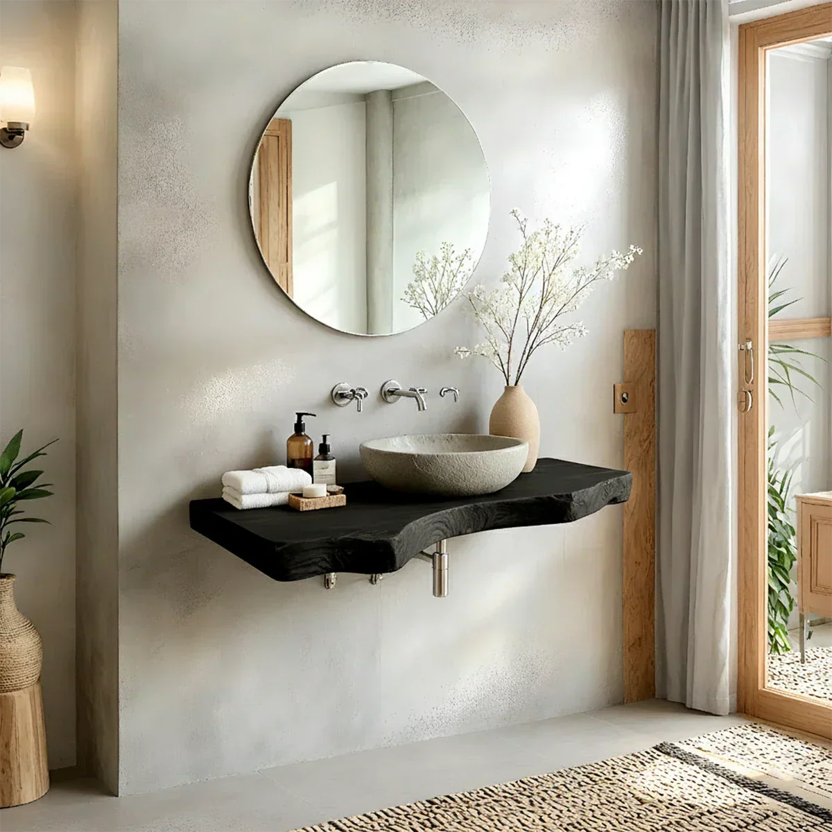 Live Edge Solid Wood Bathroom Vanity – Japandi Floating Sink Shelf - Rustira