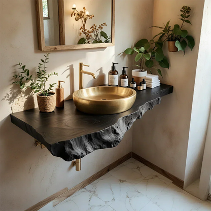 Live Edge Solid Wood Bathroom Vanity Shelf | Organic Natural Design - Rustira