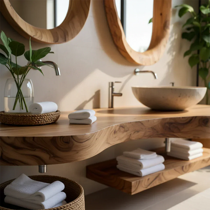 Live Edge Solid Wood Vanity with Dual Organic Mirrors - Rustira