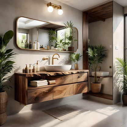 Live-Edge Walnut Floating Bathroom Vanity - Solid Wood Bathroom Cabinet - Rustira