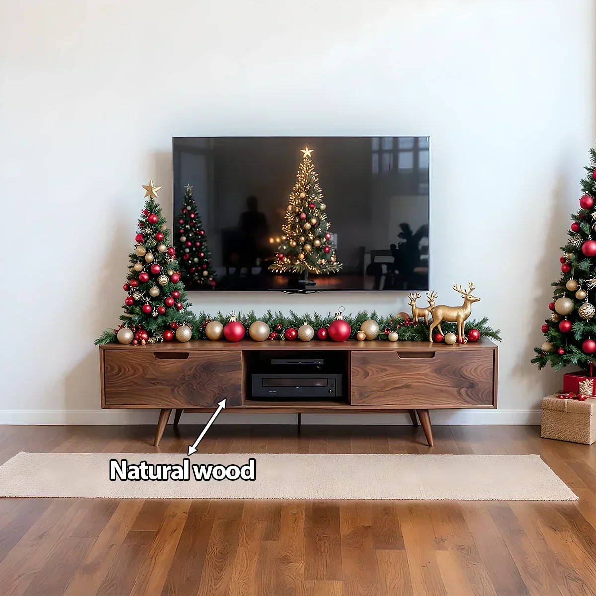 Mid-Century Modern Solid Wood TV Stand with Clean Walnut Finish - Rustira