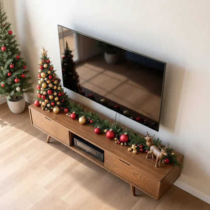 Mid-Century Solid Wood TV Stand with Tapered Legs & Storage Drawers - Rustira