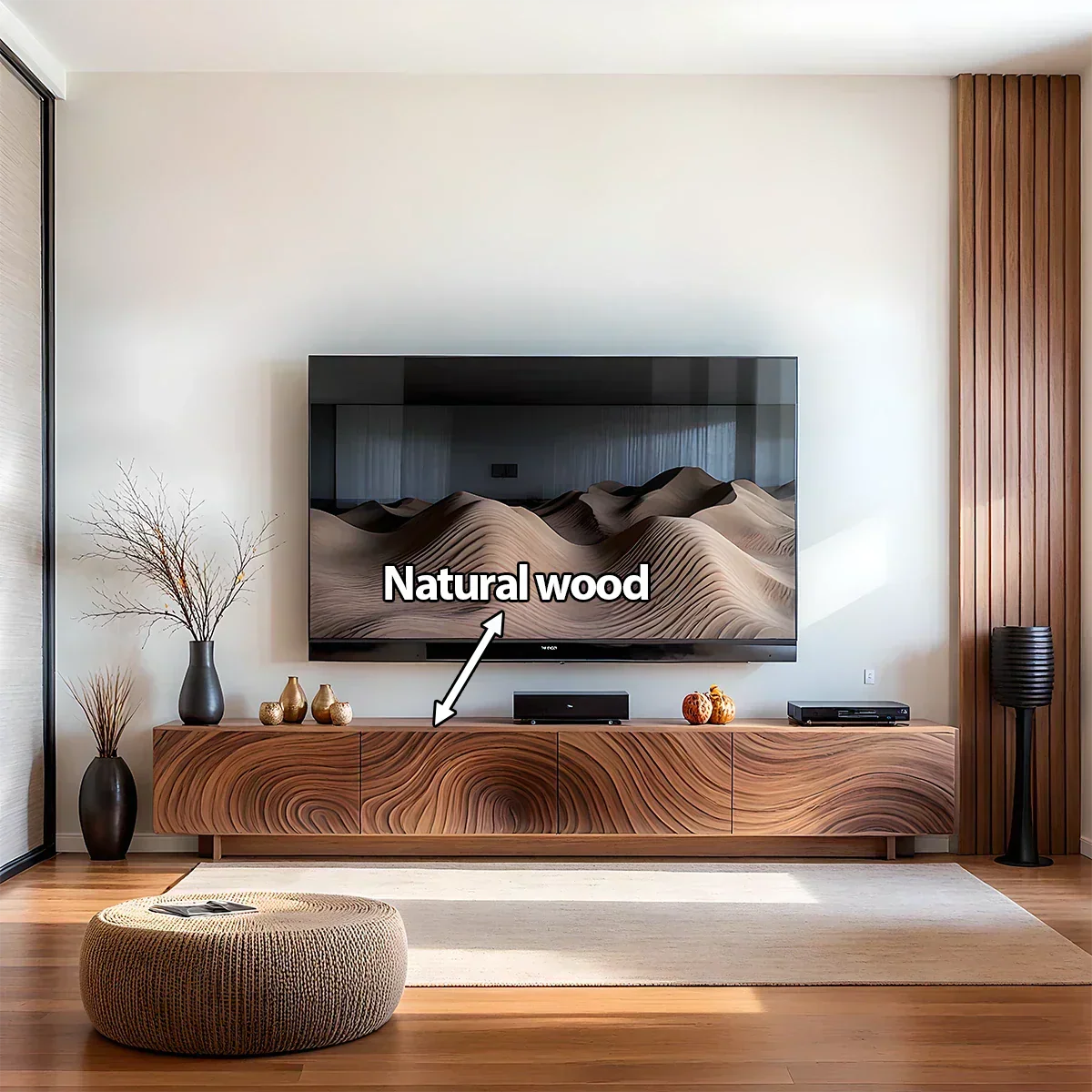 Modern Carved Wave Solid Wood TV Console – Luxury Organic Media Cabinet - Rustira