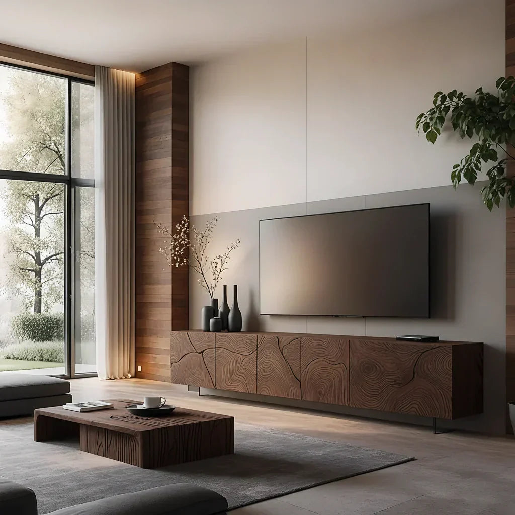 Modern Hand-Carved Solid Wood TV Console & Coffee Table Set – Organic Line Art - Rustira