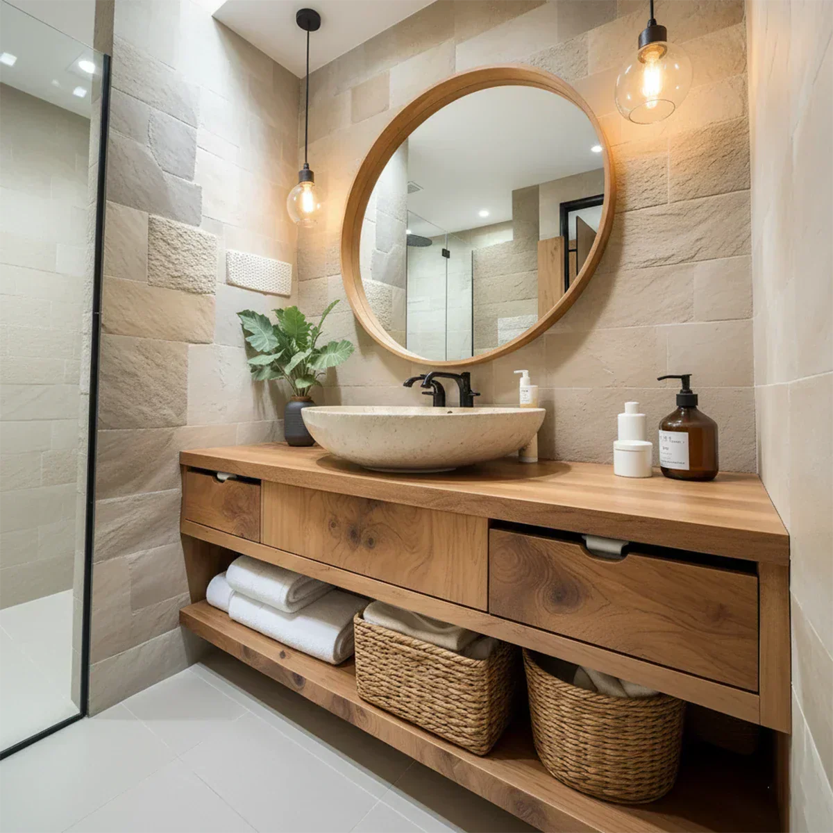 Modern Solid Wood Bathroom Vanity with Storage Shelf - Rustira