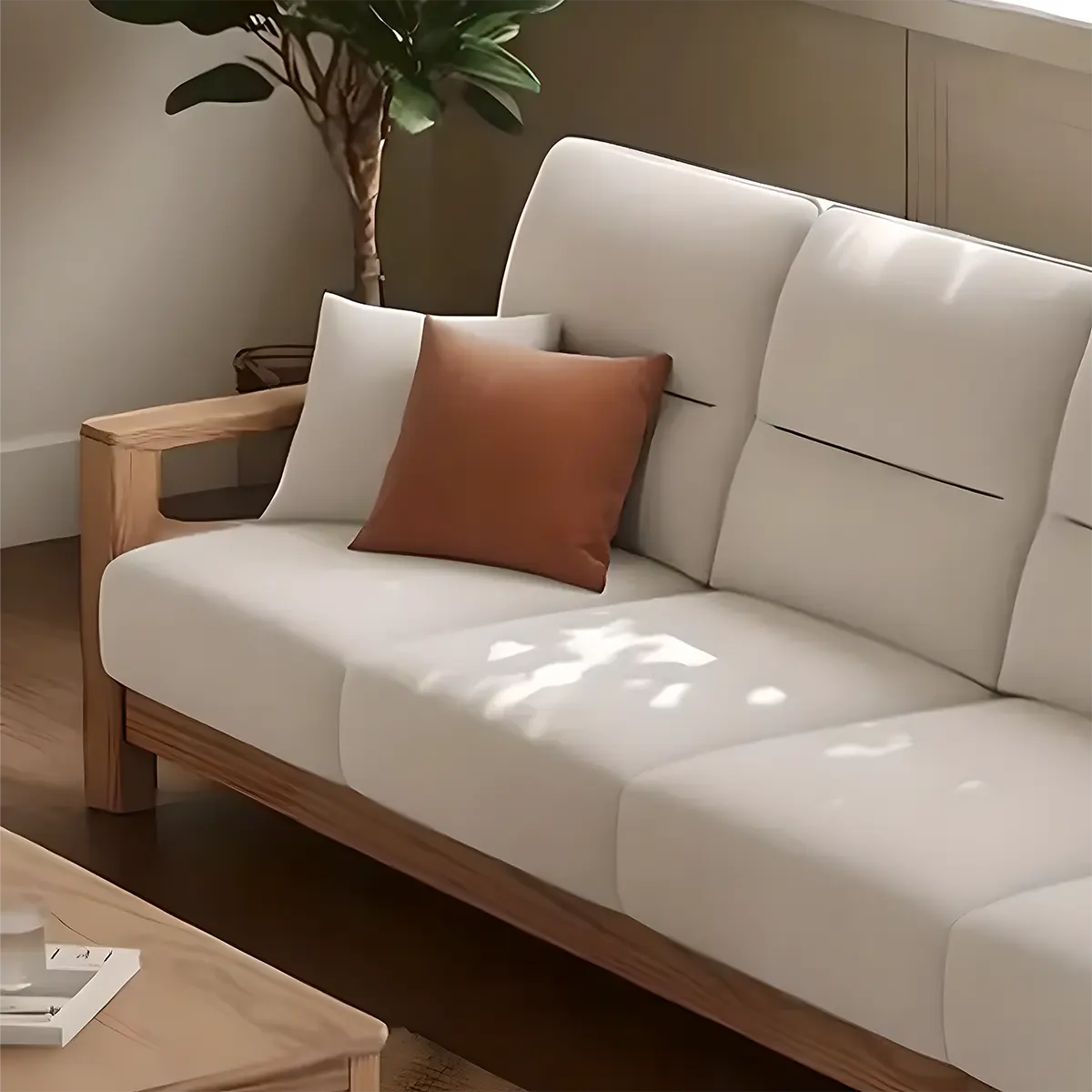 Natural Ash Wood Sofa Covered with High-Quality Fabric – Modern Minimalist Design 