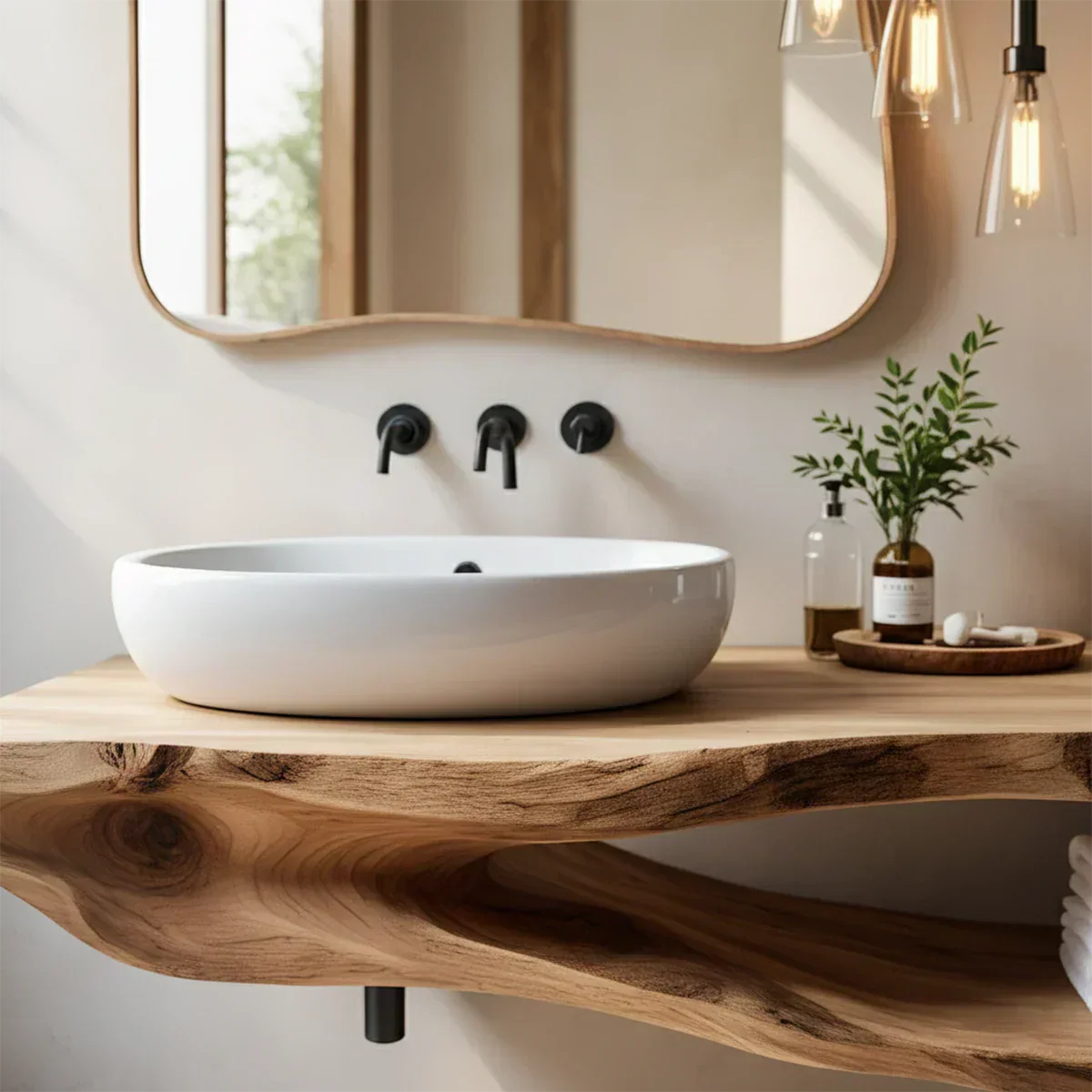 Organic Solid Wood Floating Bathroom Vanity With Open Shelf - Rustira