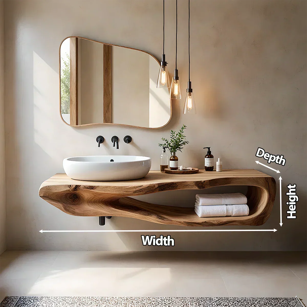 Organic Solid Wood Floating Bathroom Vanity With Open Shelf - Rustira