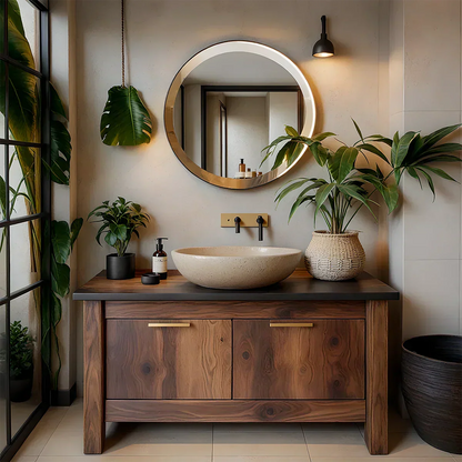 Natural Solid Wood Vanity with Brass Handles & Stone Basin - Rustira
