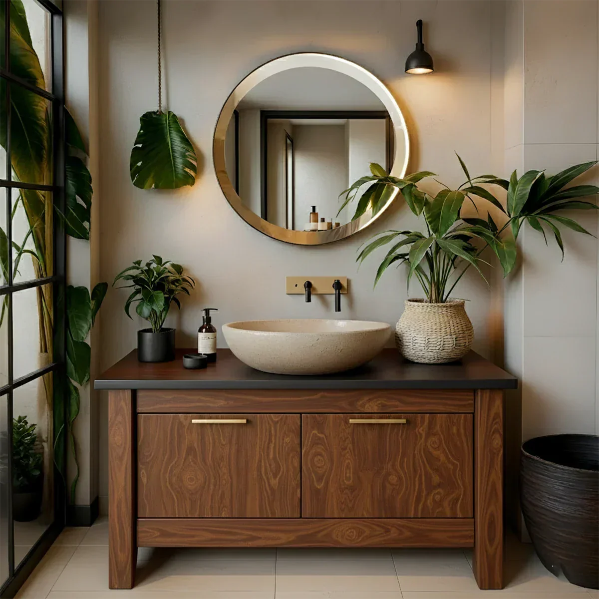 Natural Solid Wood Vanity with Brass Handles & Stone Basin - Rustira