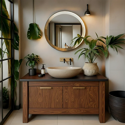 Natural Solid Wood Vanity with Brass Handles & Stone Basin - Rustira