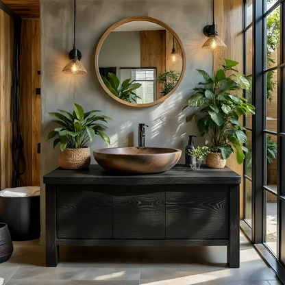 Natural Solid Wood Vanity with Smooth-Corner Frame & Center Cabinet - Rustira