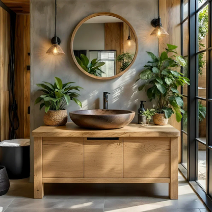 Natural Solid Wood Vanity with Smooth-Corner Frame & Center Cabinet - Rustira