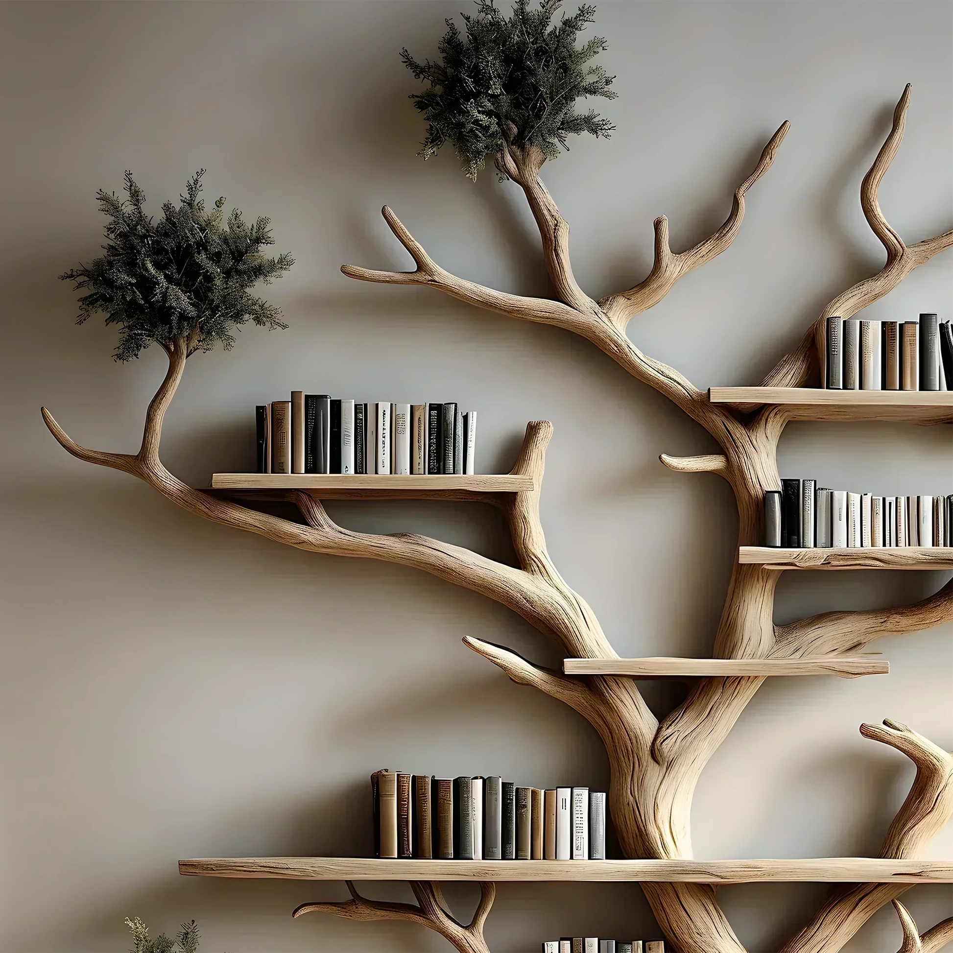 Natural wooden tree-shaped bookshelf decorates the living room with tree branches and solid wood furniture 