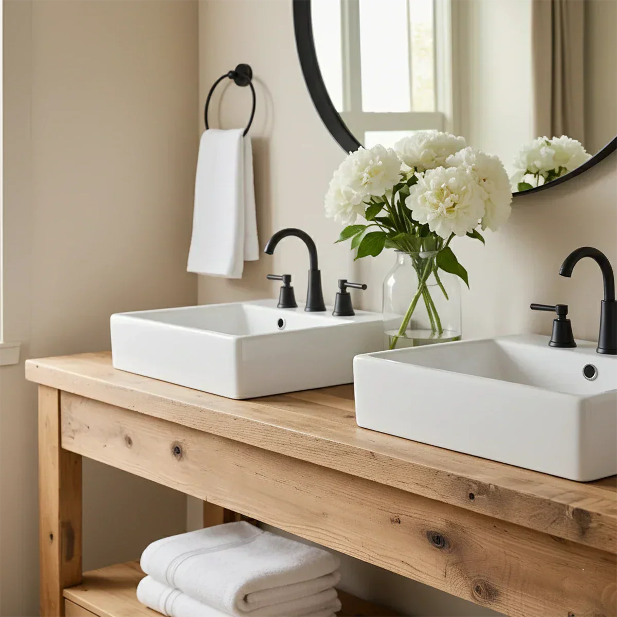Open Frame Double Sink Solid Wood Vanity – Japandi Rustic Design - Rustira