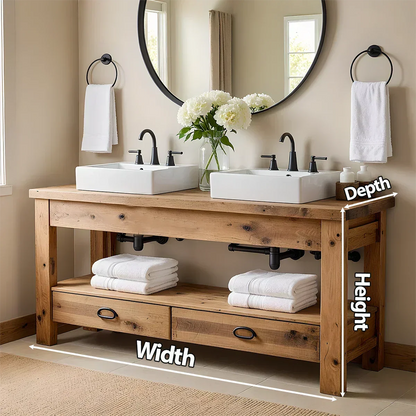 Open Frame Double Sink Solid Wood Vanity – Japandi Rustic Design - Rustira