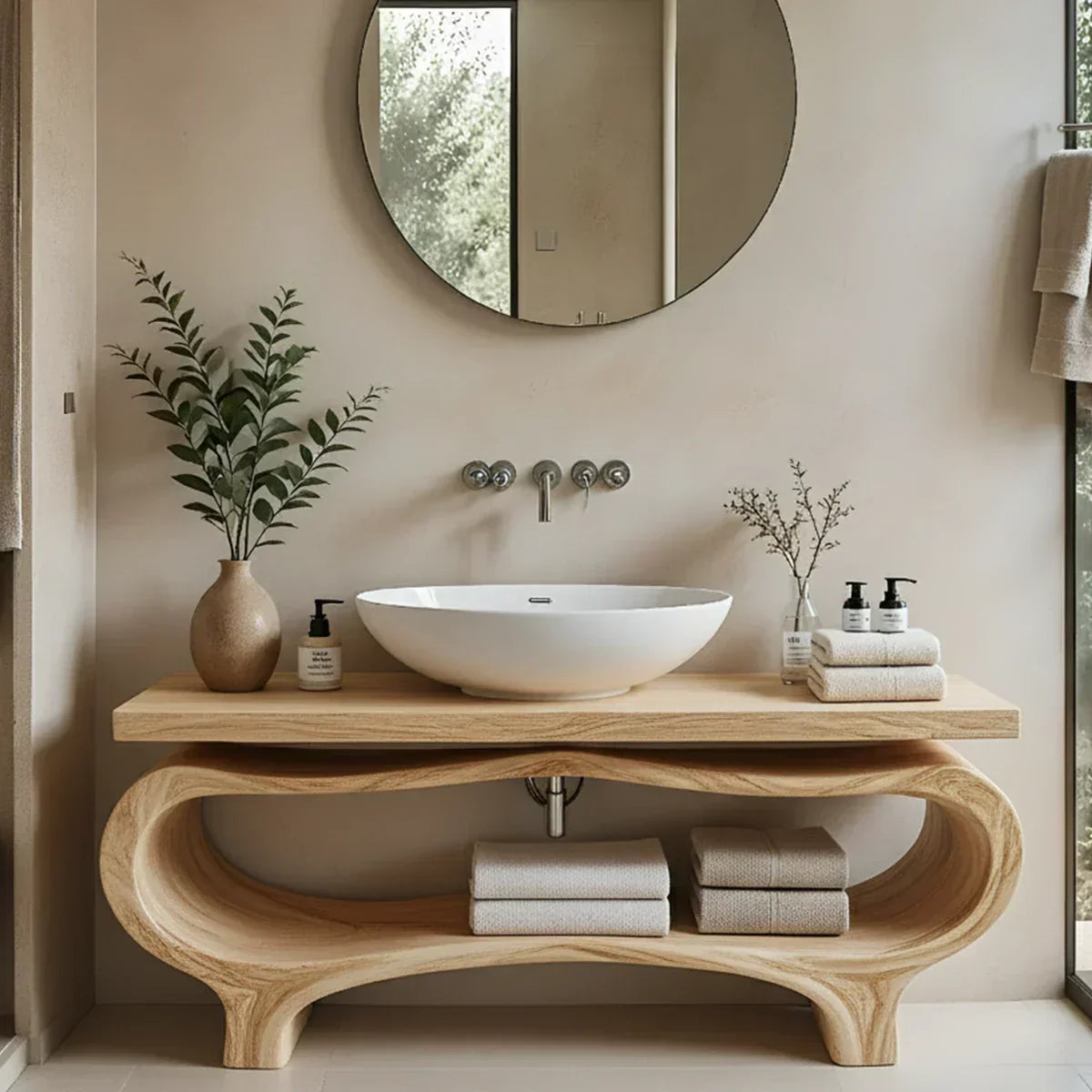 Organic Wave Solid Wood Vanity – Sculpted Open Shelf Spa Console - Rustira
