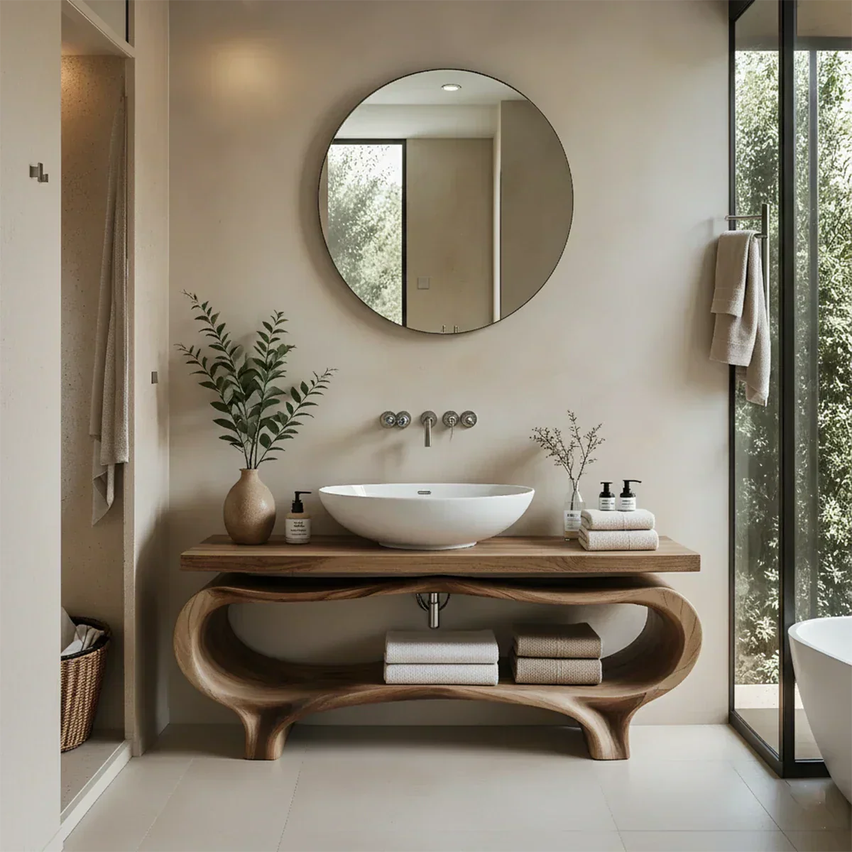 Organic Wave Solid Wood Vanity – Sculpted Open Shelf Spa Console - Rustira