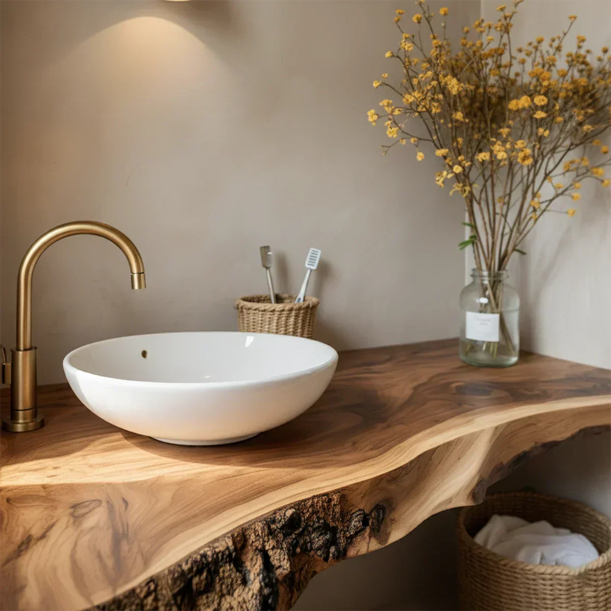 Rustic Live Edge Floating Wood Bathroom Vanity Shelf – Handcrafted - Rustira