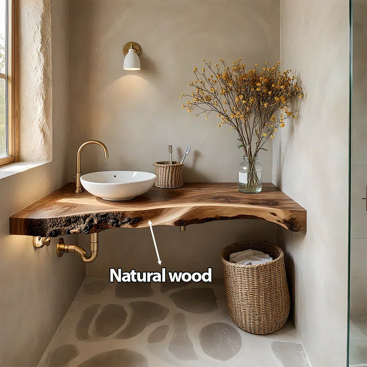 Rustic Live Edge Floating Wood Bathroom Vanity Shelf – Handcrafted - Rustira