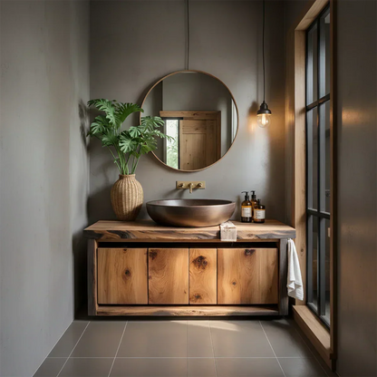 Rustic Natural Solid Wood Vanity with Bold Grain Doors - Rustira