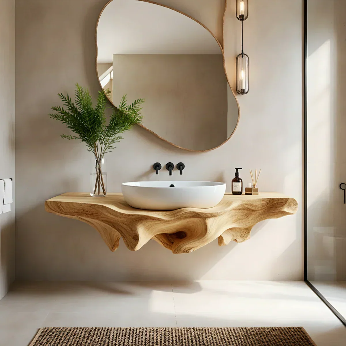Sculpted Live Edge Floating Wood Bathroom Vanity Shelf - Rustira