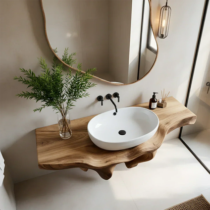 Sculpted Live Edge Floating Wood Bathroom Vanity Shelf - Rustira