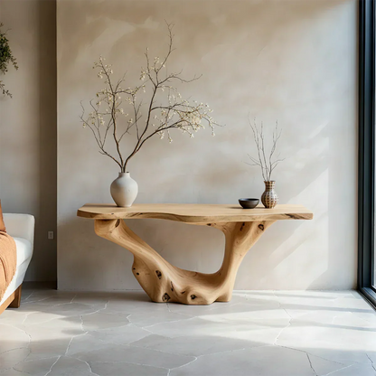 Sculptural Organic Solid Wood Console Table – Art Form Base - Rustira
