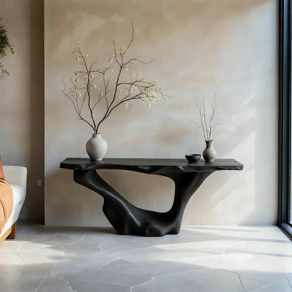 Sculptural Organic Solid Wood Console Table – Art Form Base - Rustira